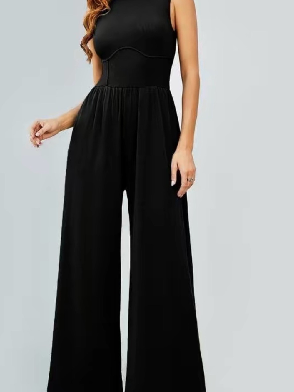 Sleeveless Black Ribbed Wide Leg Jumpsuit Romper